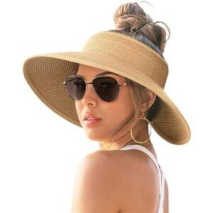 Wide Brim Straw Sun Visor Hat Women Ponytail UPF 50 Beach Packable Hat